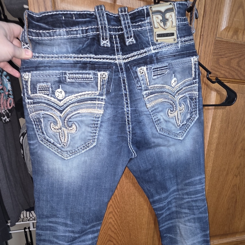 Rock Revival Men's Distressed Blue Embroidered Pocket Jeans